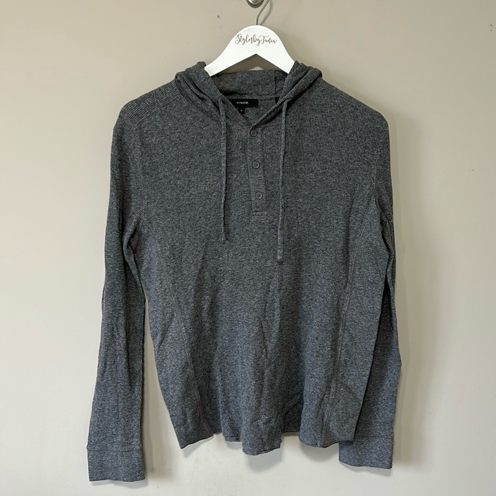 VINCE Mens Hoodie V Neck Long Sleeve Henley Button Placket Top Gray Sz M - Picture 2 of 10
